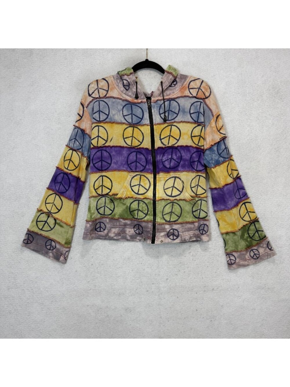 Boho Peace Sign Jacket Womens Small Multicolor Hooded Zip Cotton Nepal